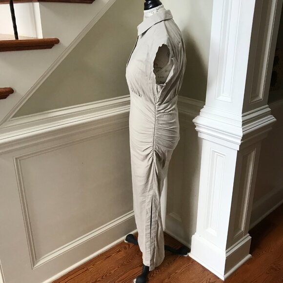 Anthropologie Cap Sleeve Ruched Shirt Dress Womens Small Khaki Tan Stretch Maxi - Picture 9 of 12
